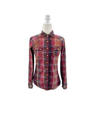 Roar Womens 6 Top Torino Snap Button Western Embroidered Rhinestones Plaid Y2K
